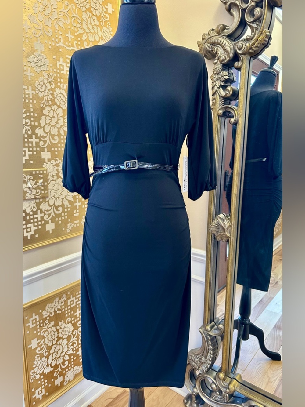 David Meister Black Long Sleeve Belted Sheath Dress Size 6 New